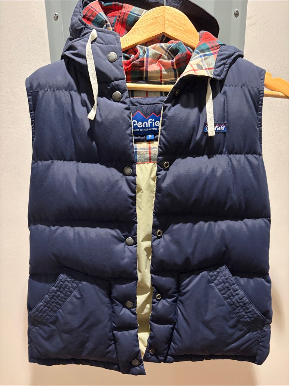 Penfield Navy Puffer Vest with Plaid-Lined Hood